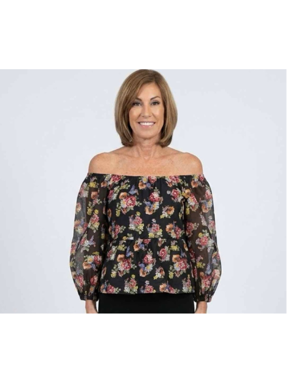 Alice + Olivia Alta Magnolia Floral Black Off The Shoulder Tiered Silk Blend Pea